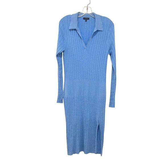 Rag & Bone Dawson Polo Dress Ribbed Knit Stretch Blue Long Sleeve Slit XLarge - Picture 6 of 13